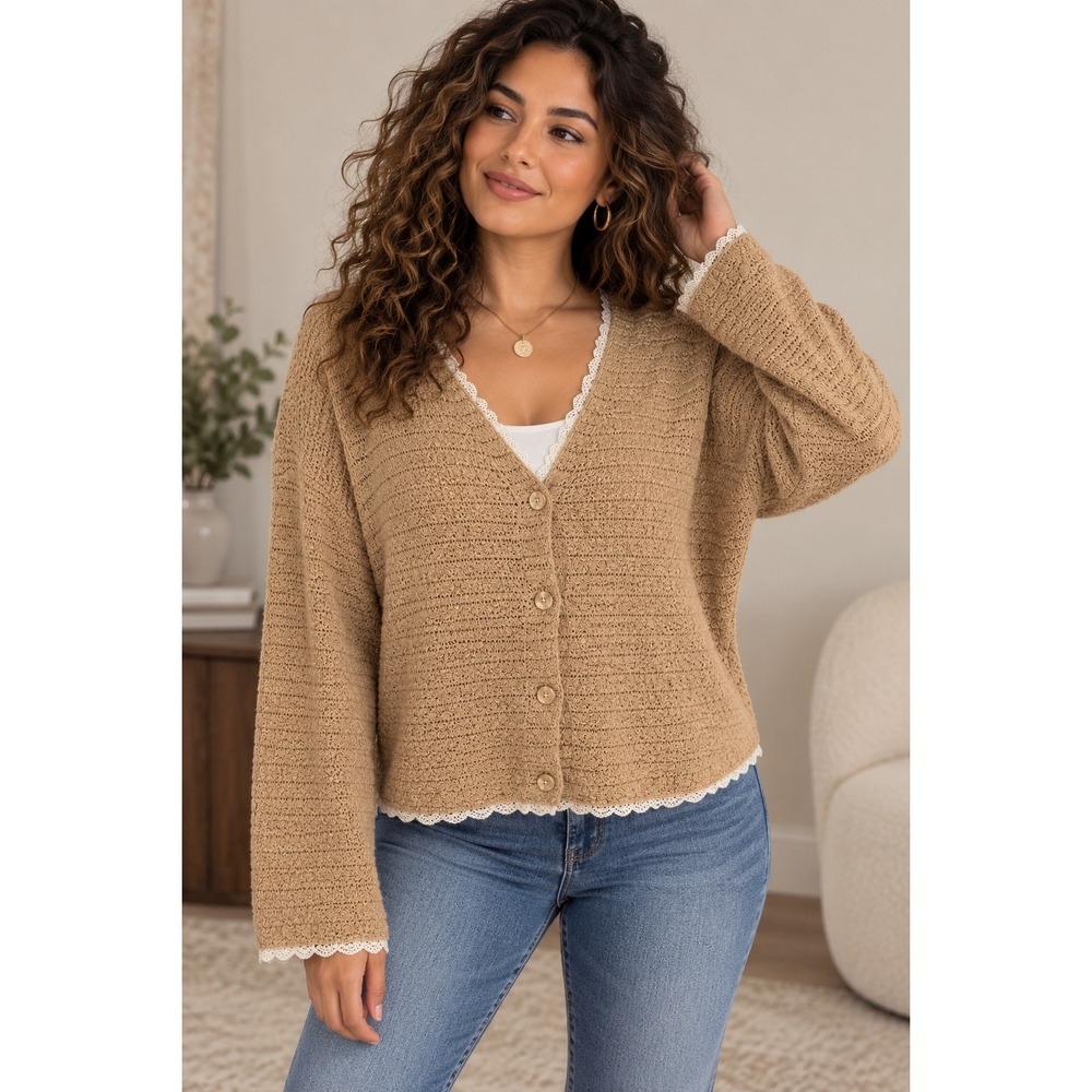 Altar'd State Crochet Knit Cardigan Tan Lace Trim Boho 
Coquette Romantic